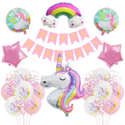 Unicorn Birthday Party Decoration Balloon Set Rainbow Cloud Foil Balloons Happy Birthday Banner Kids Birthday Party Supplies