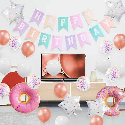 Donut Theme Birthday Party Banner And Foil Star Latex Balloons Macaron Happy Birthday Decoration Supplies For Kids Party