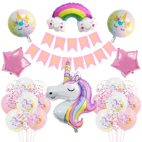 Unicorn Birthday Party Decoration Balloon Set Rainbow Cloud Foil Balloons Happy Birthday Banner Kids Birthday Party Supplies