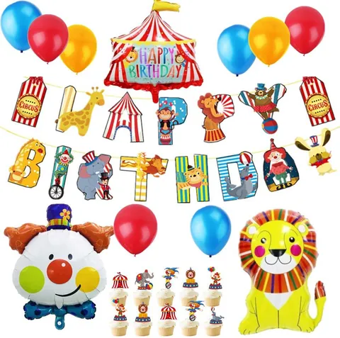 Kit Decorazione Festa Compleanno Tema Circo Con Palloncini Foil Animali Pagliaccio Palloncini Lattice Multicolore E Banner Buon Compleanno