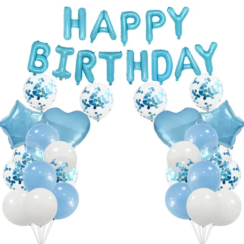 Blue White Birthday Party Decoration Set Aluminum Foil Happy Birthday Letter Balloon Heart Star Latex Confetti Balloons