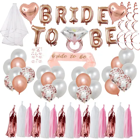 Rose Gold Bride To Be Balloon Decoration Diamond Ring Heart Foil Balloons Sash Veil Tassels Latex Confetti Balloons Wedding