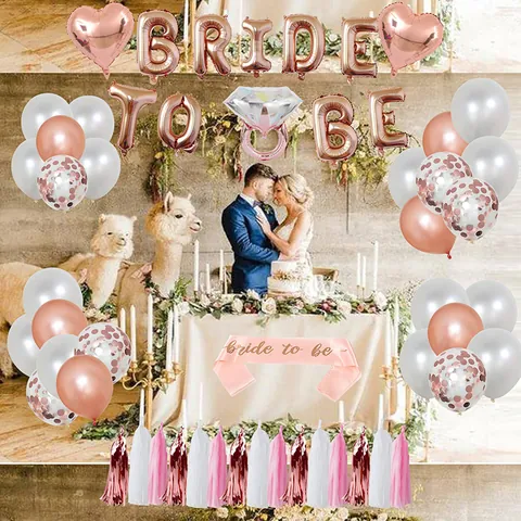 Rose Gold Bride To Be Balloon Decoration Diamond Ring Heart Foil Balloons Sash Veil Tassels Latex Confetti Balloons Wedding