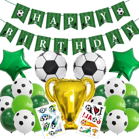 Soccer Theme Birthday Party Decoration Happy Birthday Banner Gold Trophy Aluminum Film Foil Balloon Green Latex Soccer Balloons For Kids Sports Party Supplies
