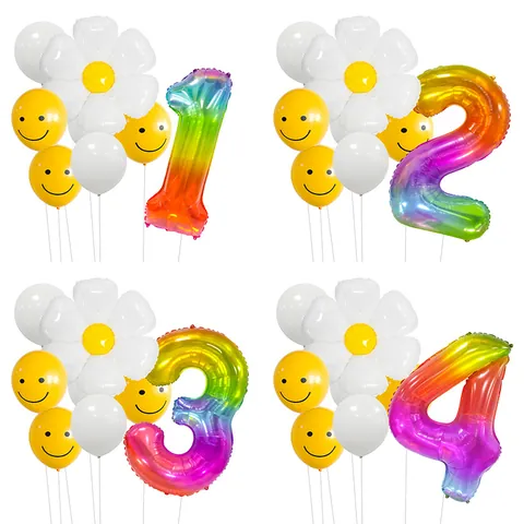 Rainbow Number Balloon Set Daisy Aluminum Film Smiley Face Latex Balloons Kids Birthday Party Celebration Decor