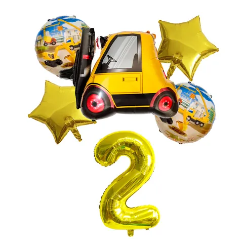 Forklift Engineering Vehicle Theme Birthday Balloon Bouquet Aluminum Foil Golden Star Number Shape Party Decoration For Kids Boys