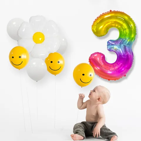 Rainbow Number Balloon Set Daisy Aluminum Film Smiley Face Latex Balloons Kids Birthday Party Celebration Decor