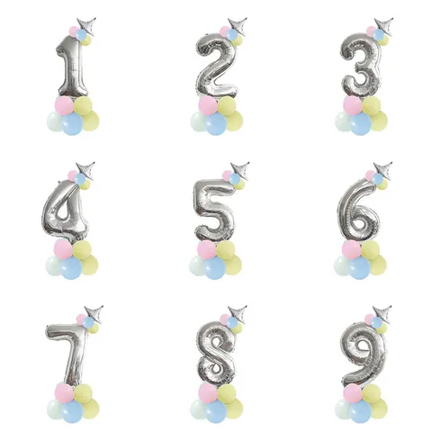Ensemble de Ballons en Aluminium Chiffre Argent Avec Base en Latex Macaron et Couronne Pour Décoration de Fête d'Anniversaire