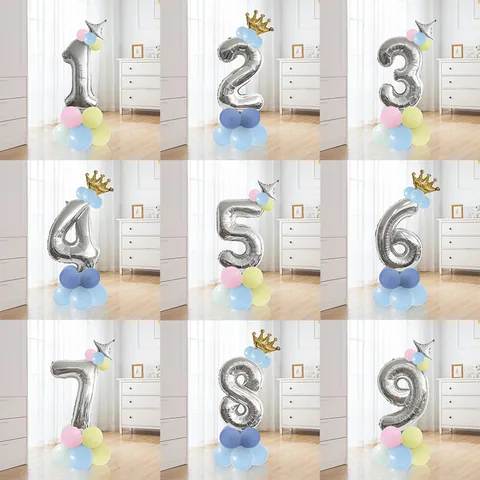 Ensemble de Ballons en Aluminium Chiffre Argent Avec Base en Latex Macaron et Couronne Pour Décoration de Fête d'Anniversaire