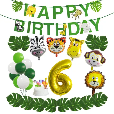 Jungle Dieren Thema Verjaardag Feest Decoratie Inclusief Alfabet Banner Aluminiumfolie Latex Ballonnen Simulatiebladeren Cake Toppers Goud Cijfer Voor Kinderen