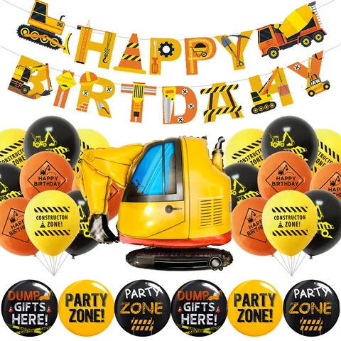 Baufahrzeug Kindergeburtstag Dekoration Bagger Kran Folienballon Latexballons Happy Birthday Banner Abzeichen Für Jungen