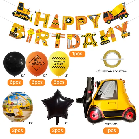 Baustellenfahrzeug Geburtstag Party Deko Set Aluminiumfolie Latex Ballons Happy Birthday Banner Für Kinder Party Zubehör