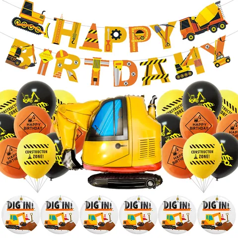 Décoration Anniversaire Véhicule Chantier Ballon Aluminium Excavatrice Grue Ballons Latex Bannière Happy Birthday Badges Enfants