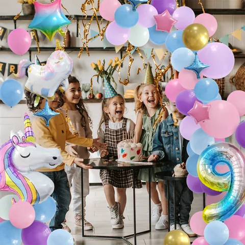 Unicorn Theme Birthday Party Decoration Macaron Colors Balloon Arch Kit With Aluminum Foil Number Balloon Star Latex Balloons For Kids Party
