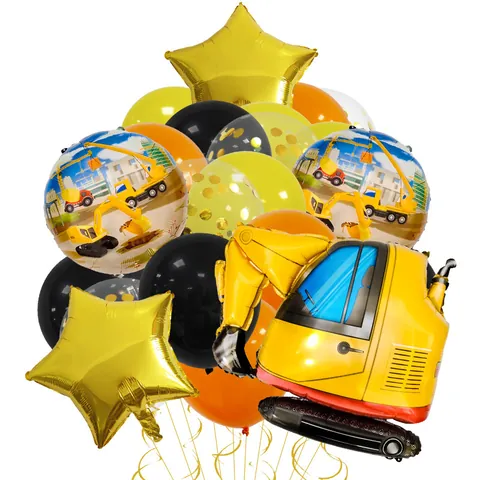 Kit Decorazione Palloncini Festa Compleanno Tema Veicoli da Cantiere Escavatore Gru Betoniera Palloncino in Foil Lattice