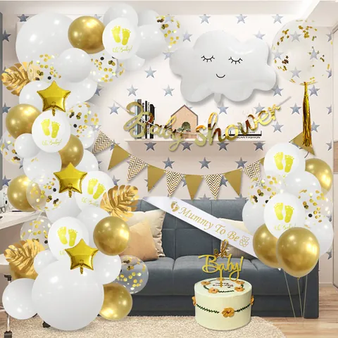 White Gold Baby Shower Decorations Including Oh Baby Banner Cloud Balloons Mummy To Be Sash Cake Topper Palm Leaves
