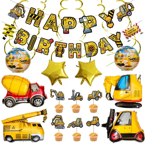 Decorazione per Festa di Compleanno a Tema Veicoli da Cantiere Banner Happy Birthday Palloncini Escavatore Cake Topper