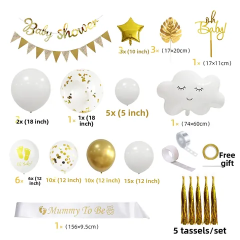 White Gold Baby Shower Decorations Including Oh Baby Banner Cloud Balloons Mummy To Be Sash Cake Topper Palm Leaves