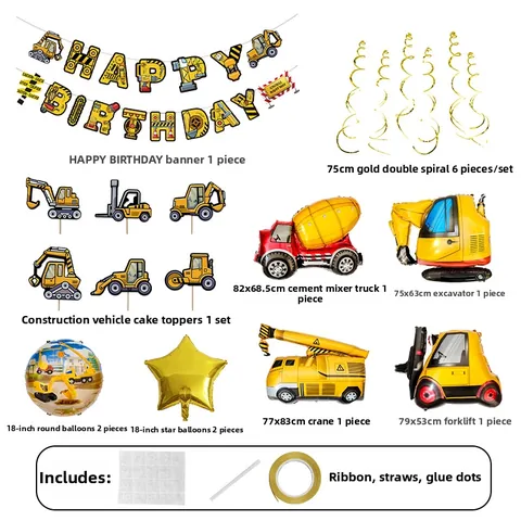 Decorazione per Festa di Compleanno a Tema Veicoli da Cantiere Banner Happy Birthday Palloncini Escavatore Cake Topper