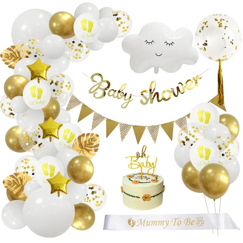 White Gold Baby Shower Decorations Including Oh Baby Banner Cloud Balloons Mummy To Be Sash Cake Topper Palm Leaves