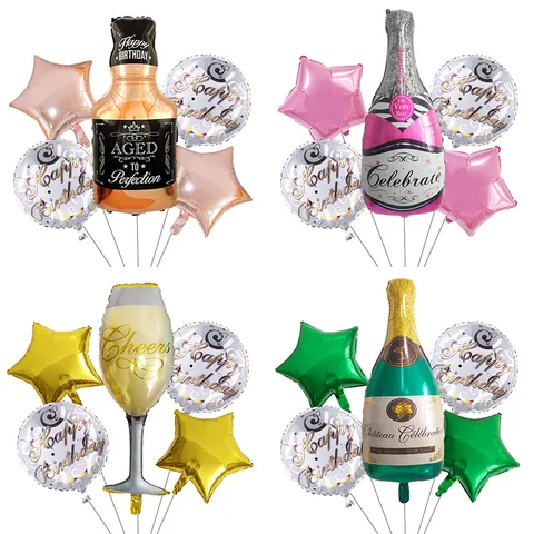 Aluminum Film Whiskey Champagne Bottle Wine Glass Star Round Foil Balloons Happy Birthday Celebration Party Decorations Supplies For Adults