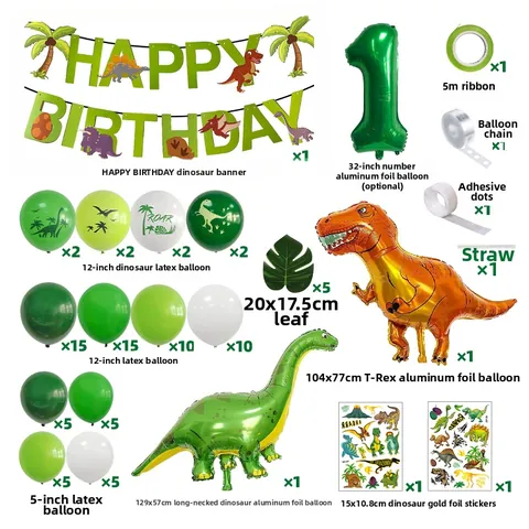 Dinosaur Theme Birthday Party Decorations Green Latex Balloons Aluminum Foil Animal Banner For Kids Celebration Jungle Style