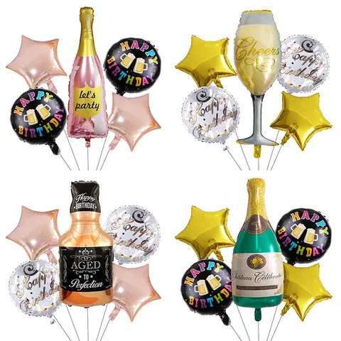 Aluminum Film Whiskey Champagne Bottle Wine Glass Star Round Foil Balloons Happy Birthday Celebration Party Decorations Supplies For Adults