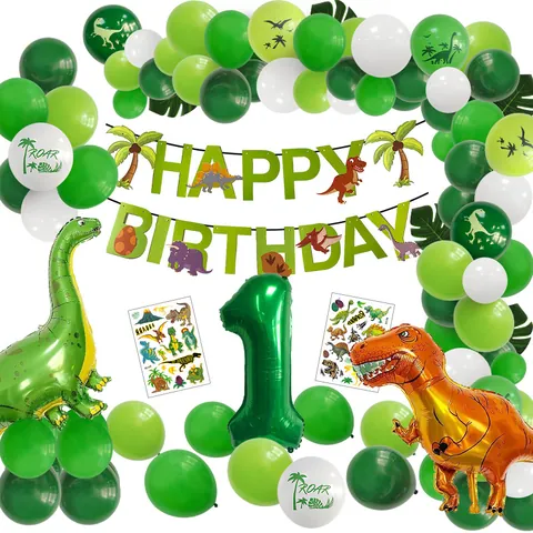 Dinosaur Theme Birthday Party Decorations Green Latex Balloons Aluminum Foil Animal Banner For Kids Celebration Jungle Style