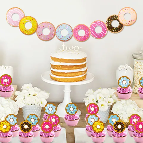 Donut Ice Cream Birthday Party Decoration Kit Aluminum Foil Balloons Number Balloon Donut Banner Cupcake Toppers Kids Birthday Decor