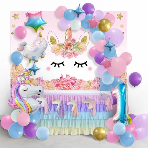 Unicorn Theme Birthday Party Decoration Macaron Colors Balloon Arch Kit With Aluminum Foil Number Balloon Star Latex Balloons For Kids Party