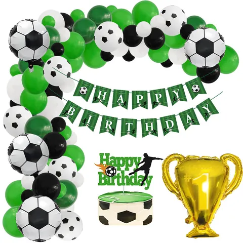 Soccer Theme Birthday Party Decoration Champion Trophy Aluminum Foil Balloon Arch Banner Cake Topper Kit Sports Event Decor