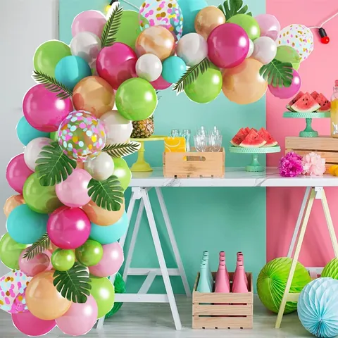 Kit de Arco de Globos de Tema de Flamenco Tropical Globos de Látex Multicolor Y Hojas de Palma Artificiales para Fiesta