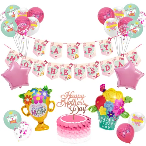 Happy Mother's Day Party Decoration Kit With Banner Aluminum Foil Balloons Latex Confetti Balloons Trophy Flower Star Shapes Cake Topper For Mom Celebration