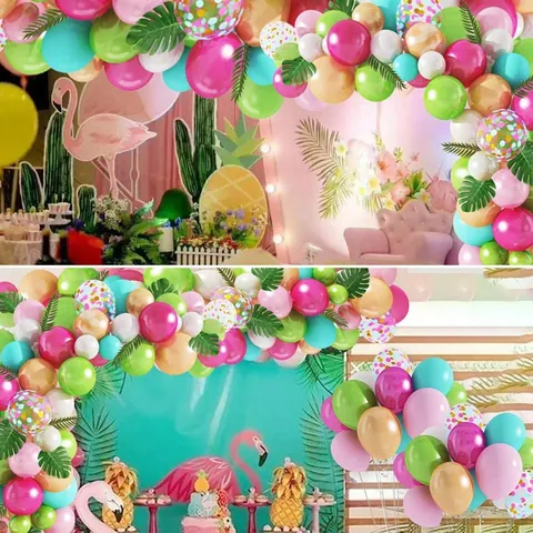 Kit de Arco de Globos de Tema de Flamenco Tropical Globos de Látex Multicolor Y Hojas de Palma Artificiales para Fiesta