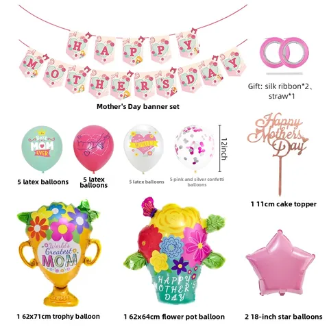 Happy Mother's Day Party Decoration Kit With Banner Aluminum Foil Balloons Latex Confetti Balloons Trophy Flower Star Shapes Cake Topper For Mom Celebration