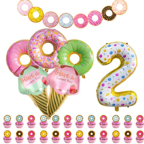 Donut Ice Cream Birthday Party Decoration Kit Aluminum Foil Balloons Number Balloon Donut Banner Cupcake Toppers Kids Birthday Decor
