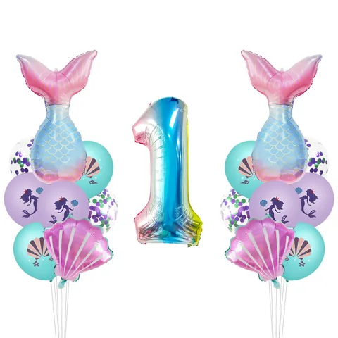 Mermaid Theme Birthday Party Balloons Aluminum Film Fishtail Shell Latex Balloons With Number For Kids Girls Decoration