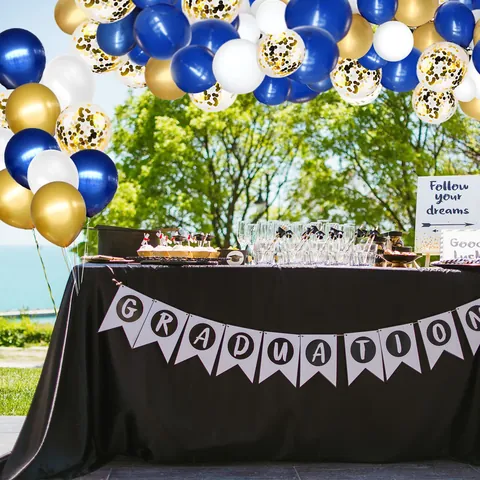 Kit Guirlande Arche Ballons Bleu Marine Or Blanc Avec Ballons Latex Métalliques Confettis pour Décoration Fête Anniversaire Mariage