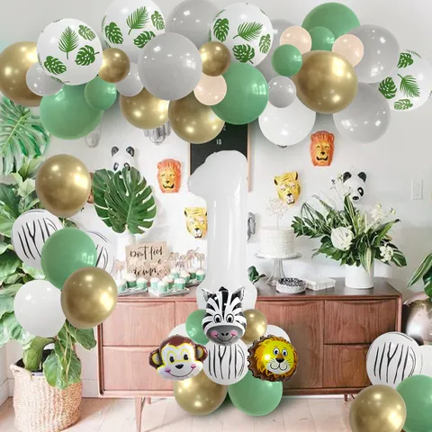 Jungle Safari Animal Theme Birthday Balloon Garland Kit Lion Zebra Monkey Foil Balloons Large Number Kids Birthday Party Backdrop Decor