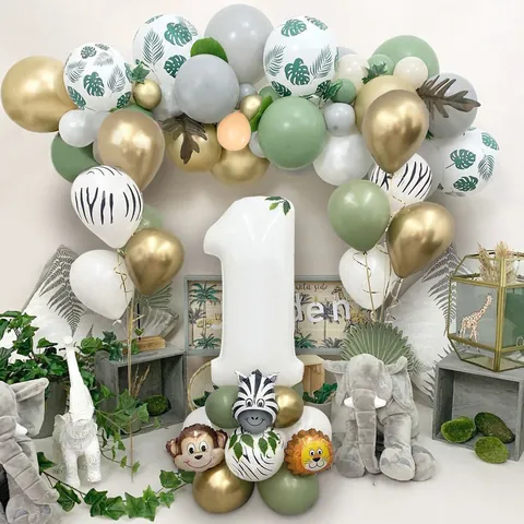Jungle Safari Animal Theme Birthday Balloon Garland Kit Lion Zebra Monkey Foil Balloons Large Number Kids Birthday Party Backdrop Decor