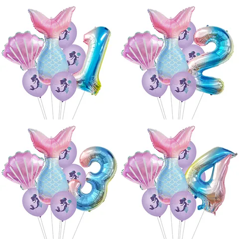 Mermaid Theme Party Balloon Set Gradient Rainbow Number Foil Shell Latex Balloons For Girls Birthday Decoration