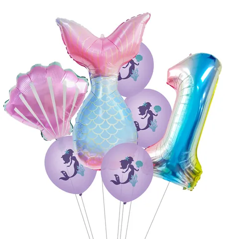 Mermaid Theme Party Balloon Set Gradient Rainbow Number Foil Shell Latex Balloons For Girls Birthday Decoration