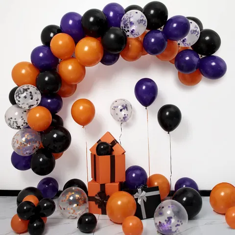Kit Arco per Palloncini di Halloween Viola Nero Arancione Lattice Alluminio Pailletten Confetti Set Ghirlanda per Festa Bar Finestra Decor