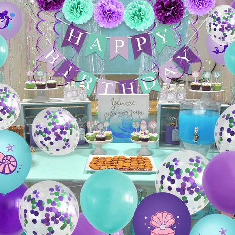 Mermaid Birthday Party Decoration Set Purple Teal Paper Pom Poms Latex Balloons Swirls Happy Birthday Banner For Girls