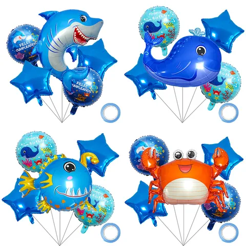 Ocean Sea Animal Theme Aluminum Foil Balloon Shark Whale Crab Star Happy Birthday Party Decoration Kids Birthday Gift