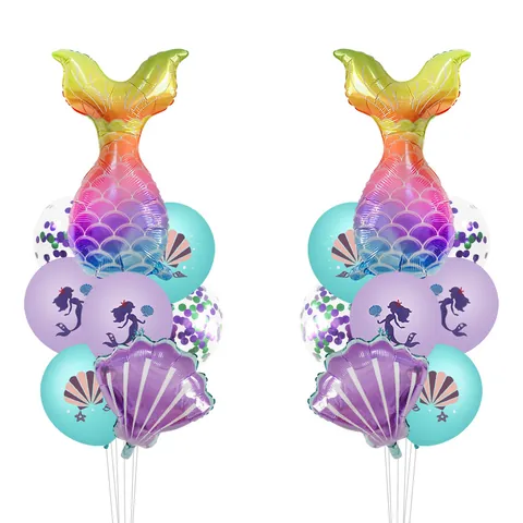Mermaid Theme Birthday Party Balloons Aluminum Film Fishtail Shell Latex Balloons With Number For Kids Girls Decoration