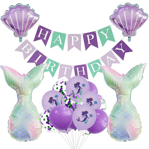 Set Decorazioni Festa Compleanno Sirena Viola Verde Lago Coda di Pesce Conchiglia Palloncini Foil Striscione Happy Birthday per Bambine