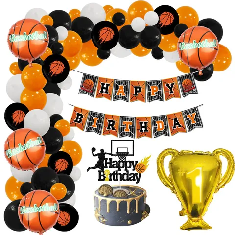 Basketball Theme Birthday Party Decoration Champion Trophy Foil Balloon Happy Birthday Banner Cake Topper Sports Supplies