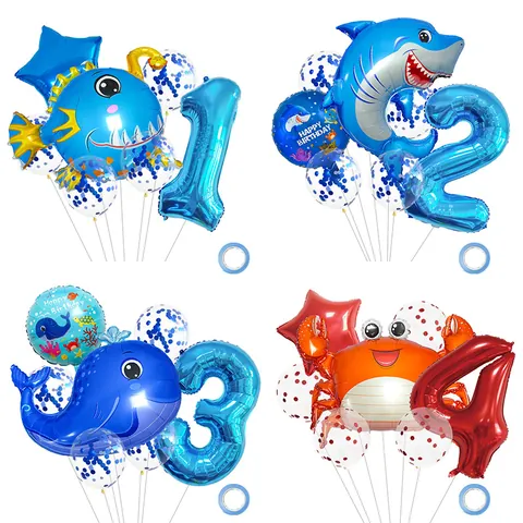Ocean Animal Birthday Balloon Arrangement Shark Whale Crab Sea Lion Foil Balloons Confetti Latex Birthday Decoration