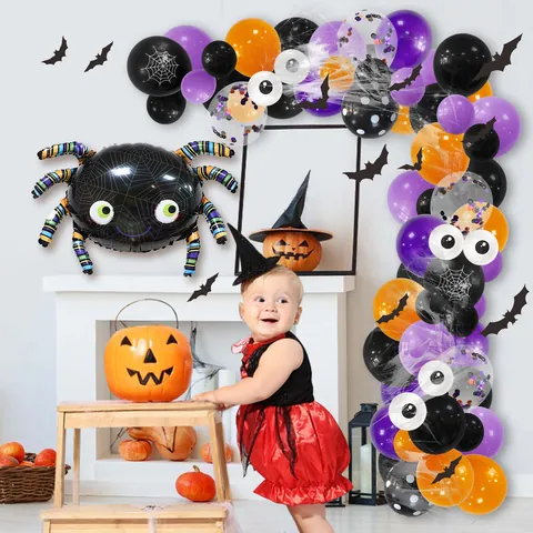 Halloween Balloon Garland Arch Kit With Giant Spider Foil Balloon Orange Purple Black Latex Balloons And Bat Stickers For Party Decoration